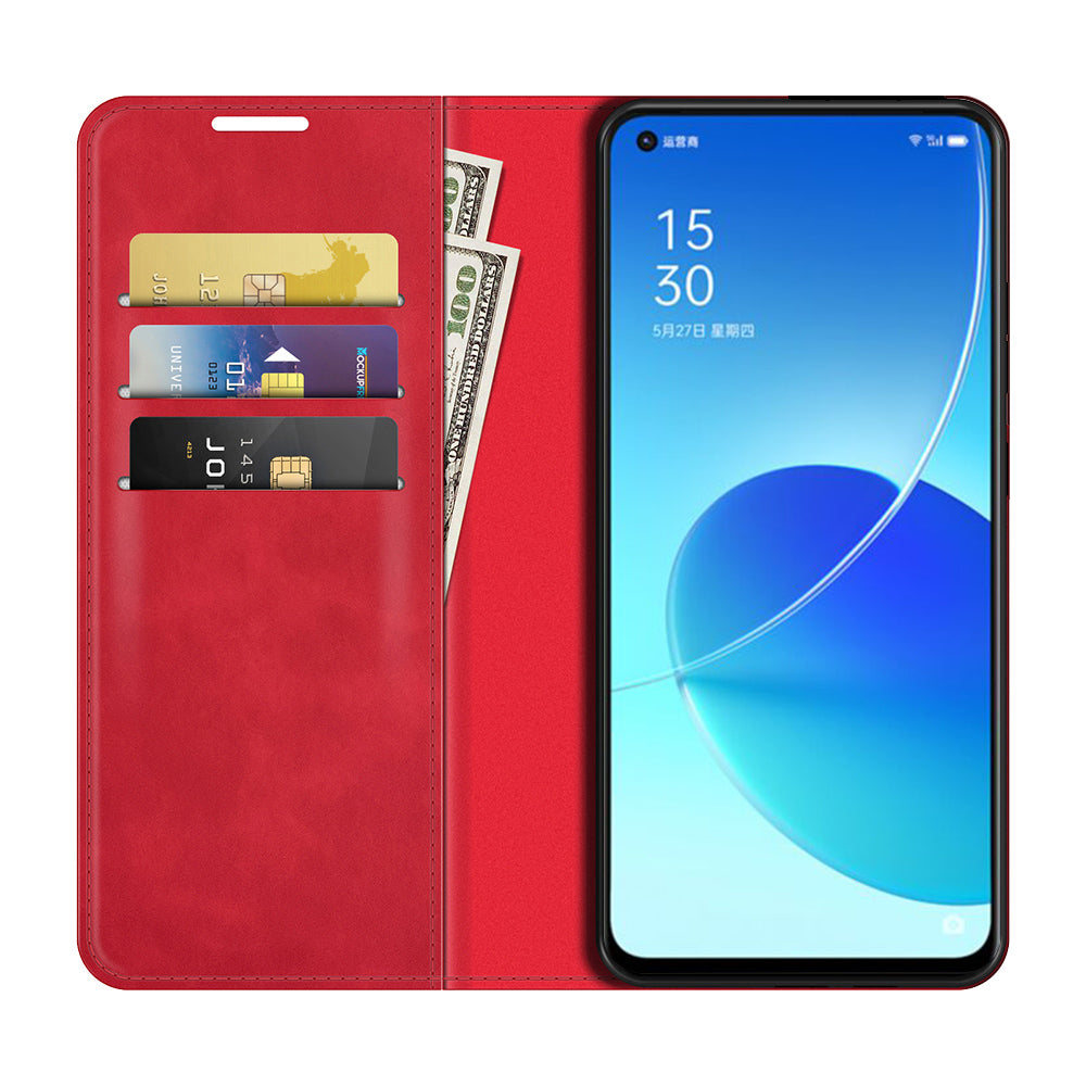 Skin-touch Auto-absorbed Folio Flip Leather Case with Wallet Stand for Oppo Reno6 5G