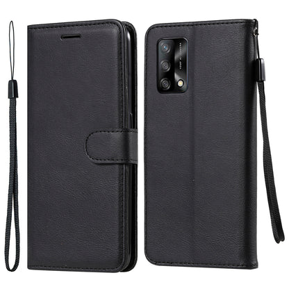 KT Leather Series-2 Plain Wallet Leather Phone Stand Shell with Strap for Oppo A74 4G/F19 4G