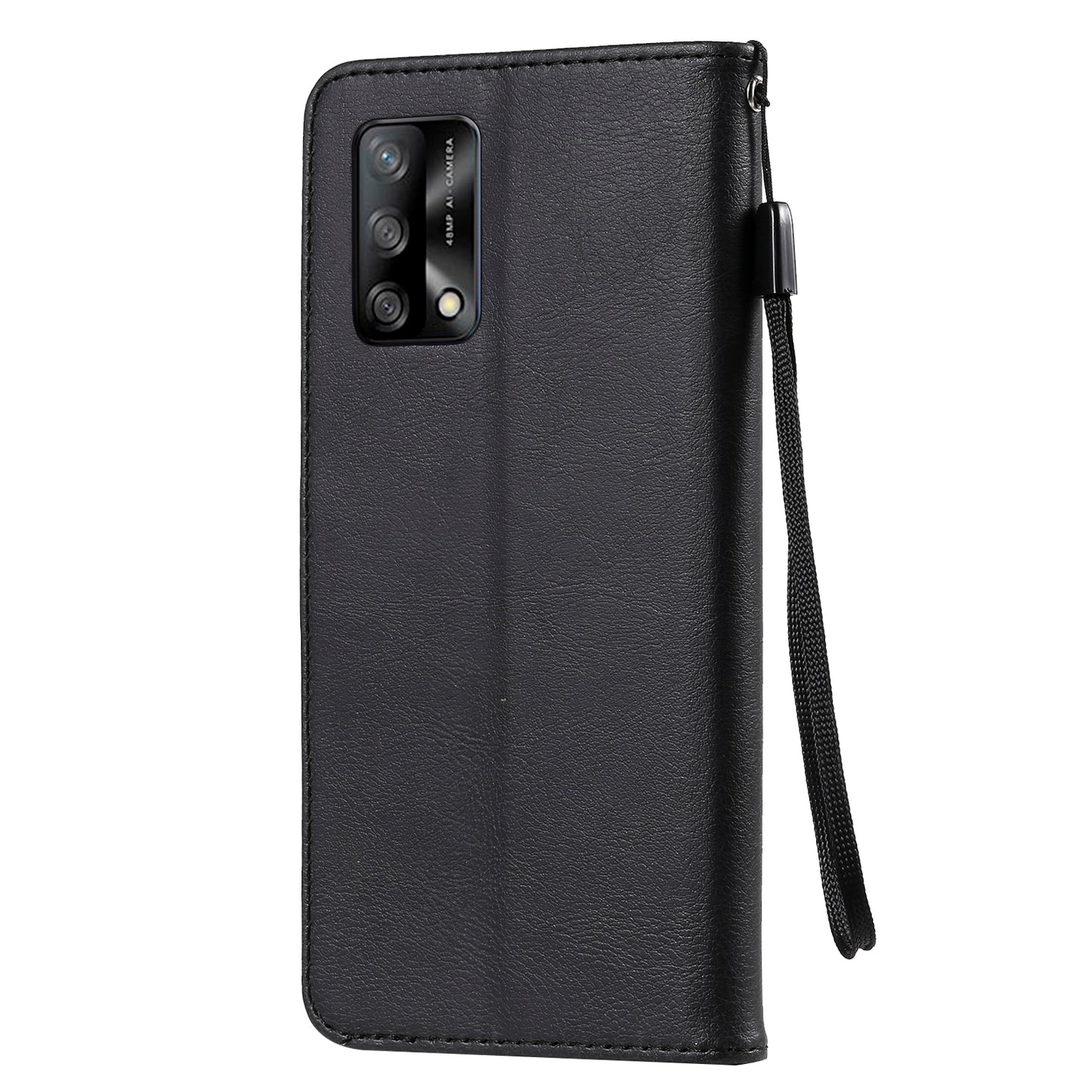 KT Leather Series-2 Plain Wallet Leather Phone Stand Shell with Strap for Oppo A74 4G/F19 4G