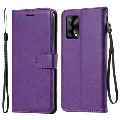 KT Leather Series-2 Plain Wallet Leather Phone Stand Shell with Strap for Oppo A74 4G/F19 4G