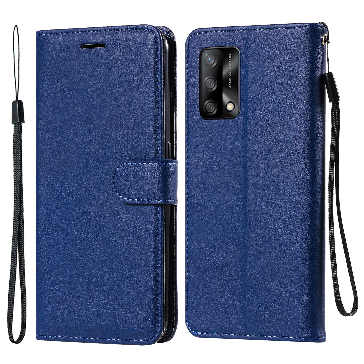 KT Leather Series-2 Plain Wallet Leather Phone Stand Shell with Strap for Oppo A74 4G/F19 4G