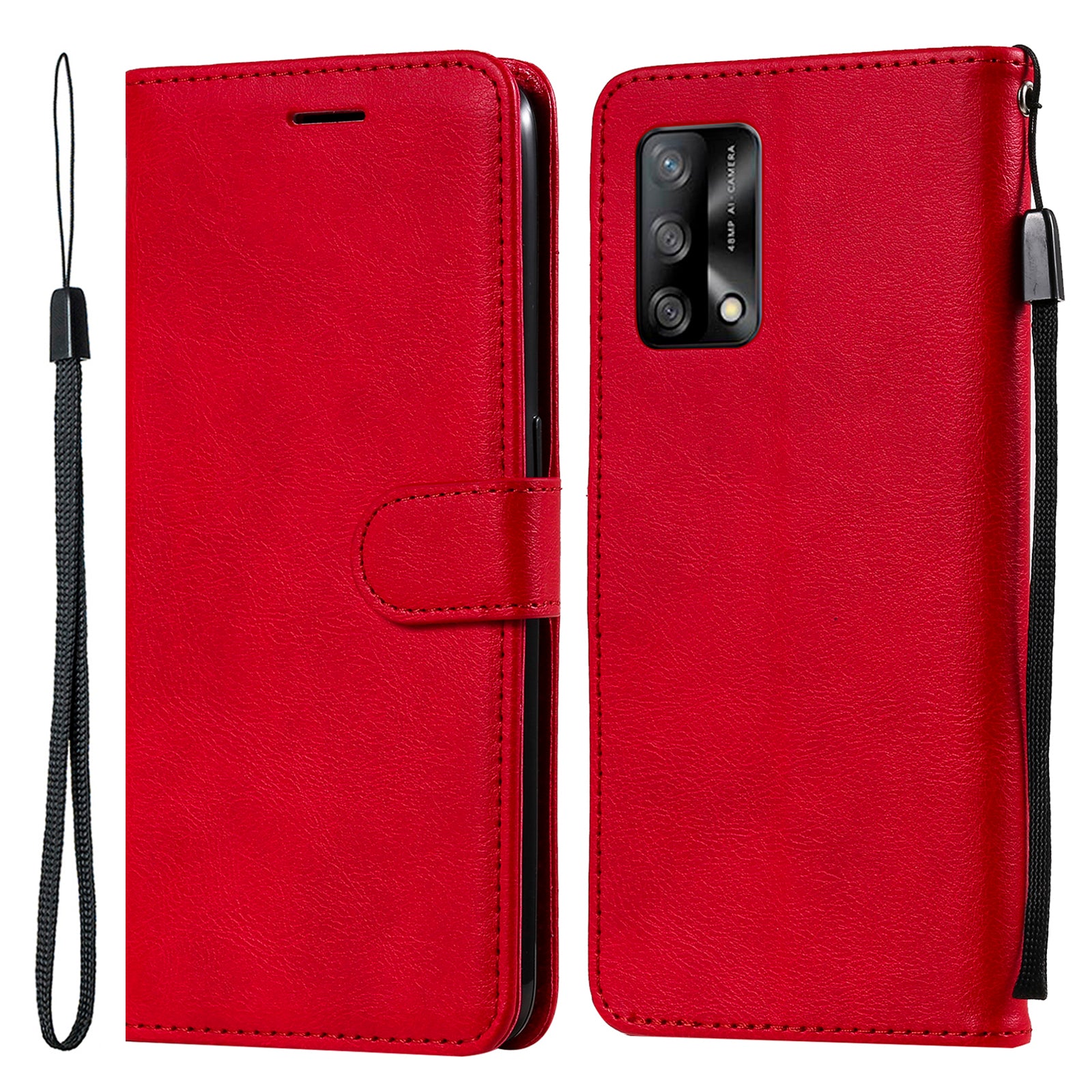 KT Leather Series-2 Plain Wallet Leather Phone Stand Shell with Strap for Oppo A74 4G/F19 4G