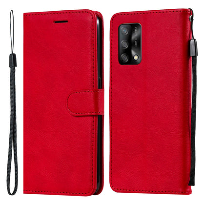 KT Leather Series-2 Plain Wallet Leather Phone Stand Shell with Strap for Oppo A74 4G/F19 4G