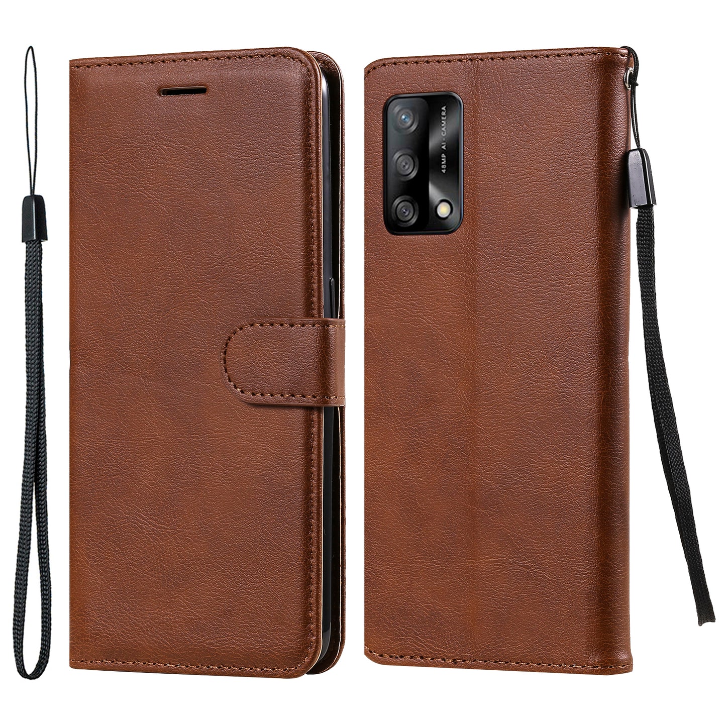 KT Leather Series-2 Plain Wallet Leather Phone Stand Shell with Strap for Oppo A74 4G/F19 4G