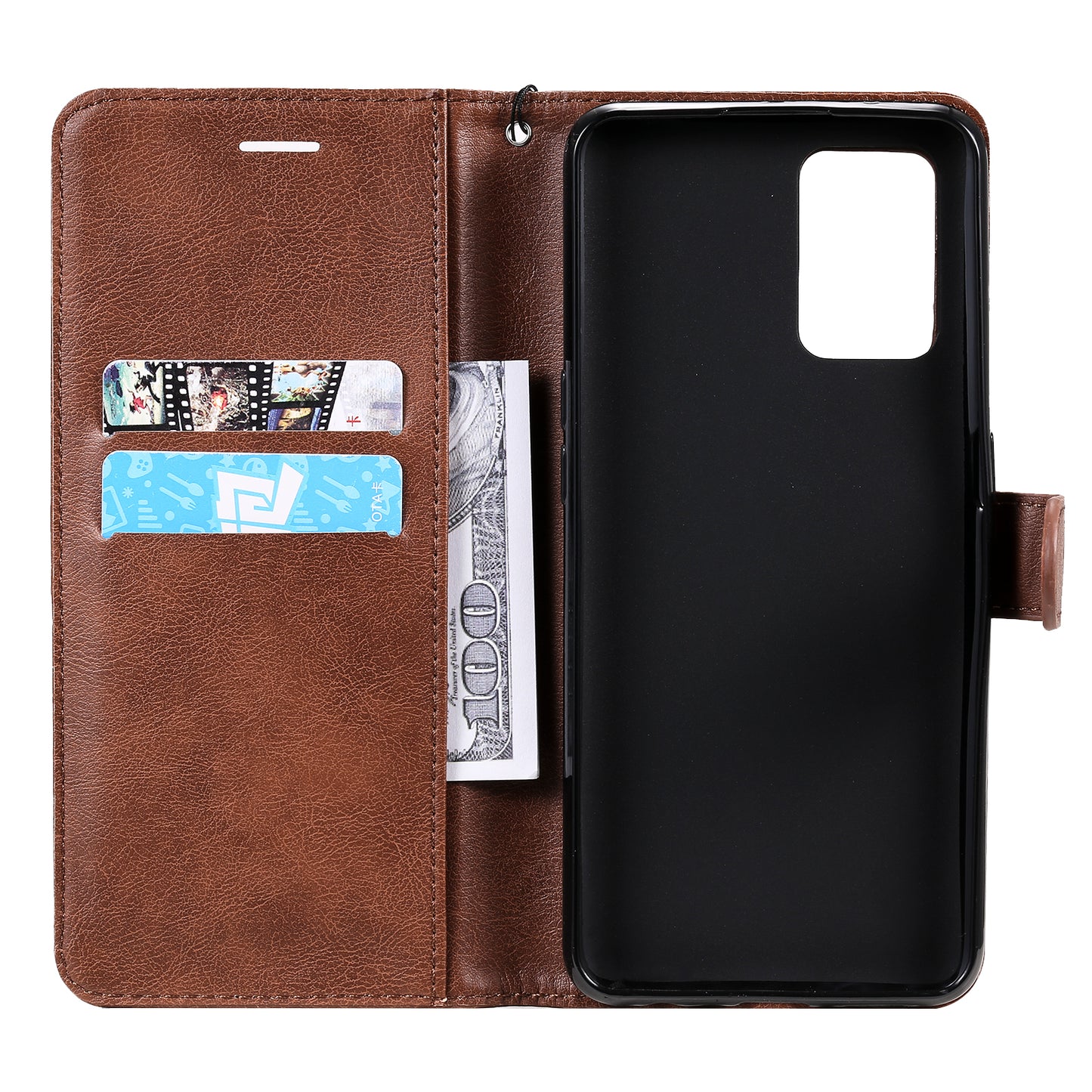 KT Leather Series-2 Plain Wallet Leather Phone Stand Shell with Strap for Oppo A74 4G/F19 4G