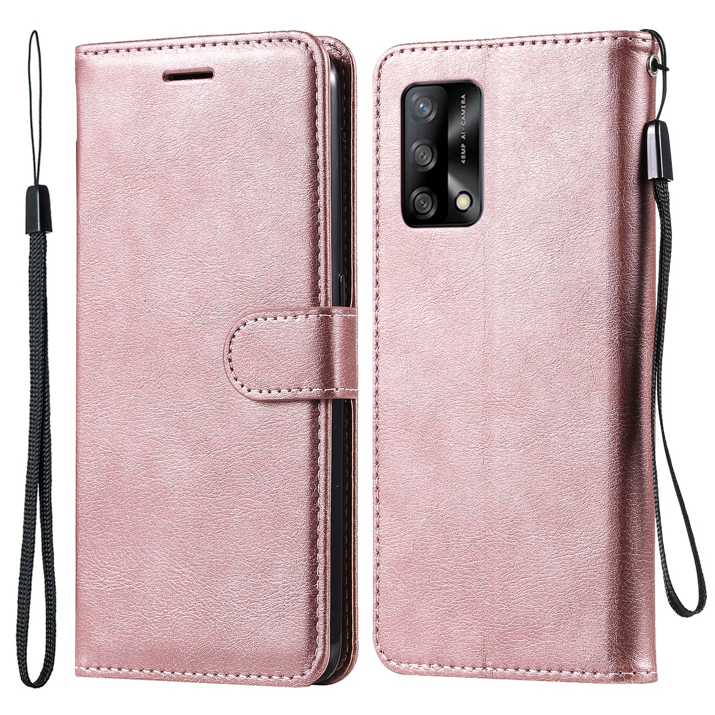 KT Leather Series-2 Plain Wallet Leather Phone Stand Shell with Strap for Oppo A74 4G/F19 4G