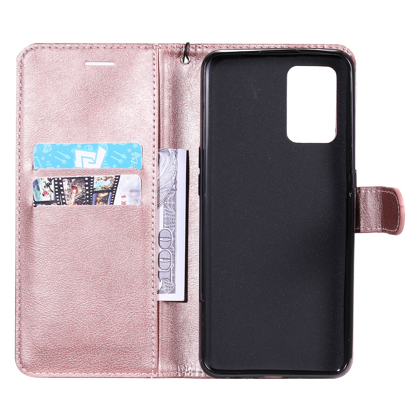 KT Leather Series-2 Plain Wallet Leather Phone Stand Shell with Strap for Oppo A74 4G/F19 4G