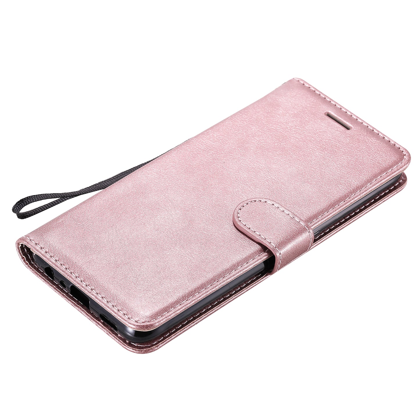 KT Leather Series-2 Plain Wallet Leather Phone Stand Shell with Strap for Oppo A74 4G/F19 4G