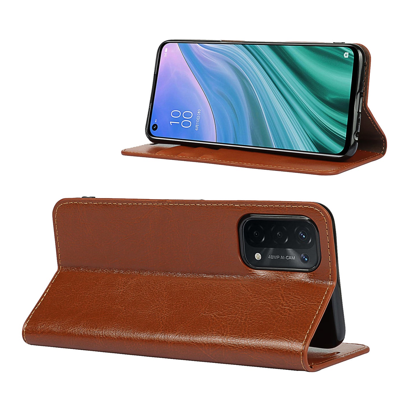 Crazy Horse Genuine Leather Wallet Mobile Phone Stand Case for Oppo A54 5G