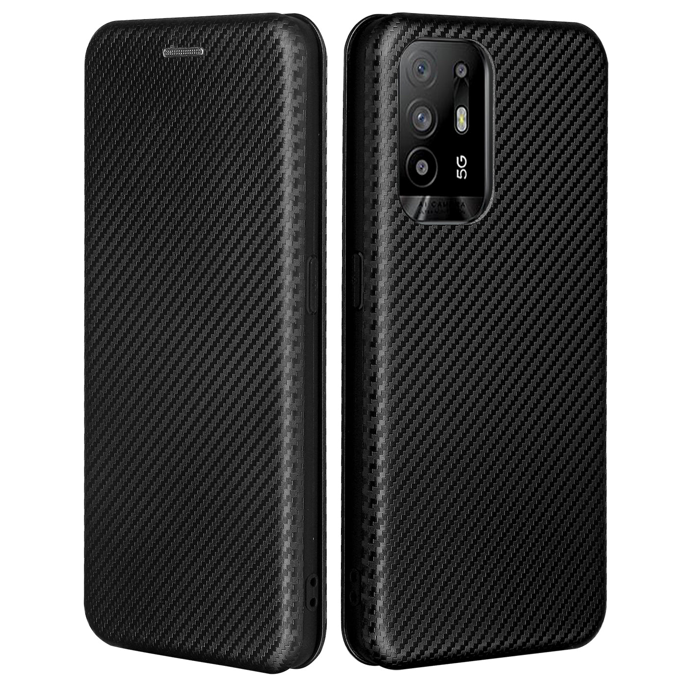 Carbon Fiber Texture Automatic Absorption Leather Stand Case with Card Slot and Ring Strap for Oppo A94 5G/F19 Pro+ 5G/Reno5 Z/A95 5G