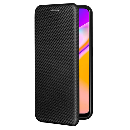 Carbon Fiber Texture Automatic Absorption Leather Stand Case with Card Slot and Ring Strap for Oppo A94 5G/F19 Pro+ 5G/Reno5 Z/A95 5G