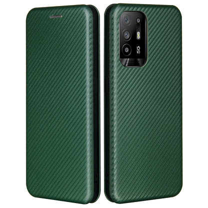 Carbon Fiber Texture Automatic Absorption Leather Stand Case with Card Slot and Ring Strap for Oppo A94 5G/F19 Pro+ 5G/Reno5 Z/A95 5G