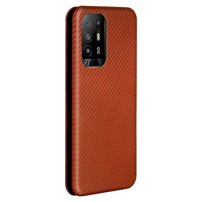 Carbon Fiber Texture Automatic Absorption Leather Stand Case with Card Slot and Ring Strap for Oppo A94 5G/F19 Pro+ 5G/Reno5 Z/A95 5G