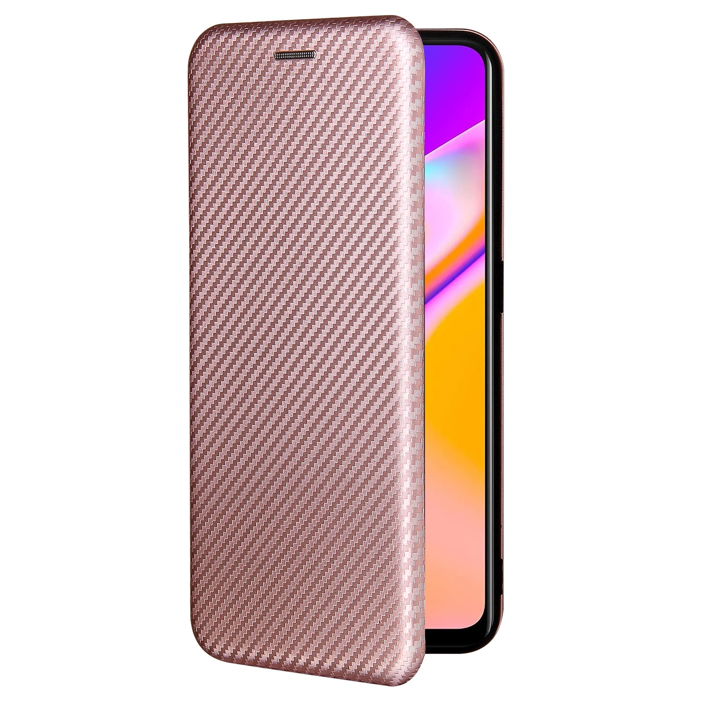 Carbon Fiber Texture Automatic Absorption Leather Stand Case with Card Slot and Ring Strap for Oppo A94 5G/F19 Pro+ 5G/Reno5 Z/A95 5G