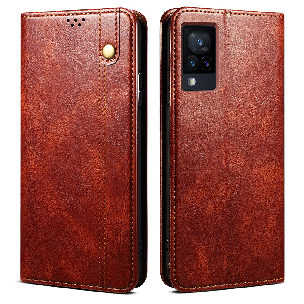 Oil-Waxy Wallet Design Leather Protective Phone Case with Stand for vivo V21e 4G / Y73 2021