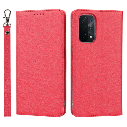 Silk Texture Leather Wallet Case with Strap for Oppo A54 5G