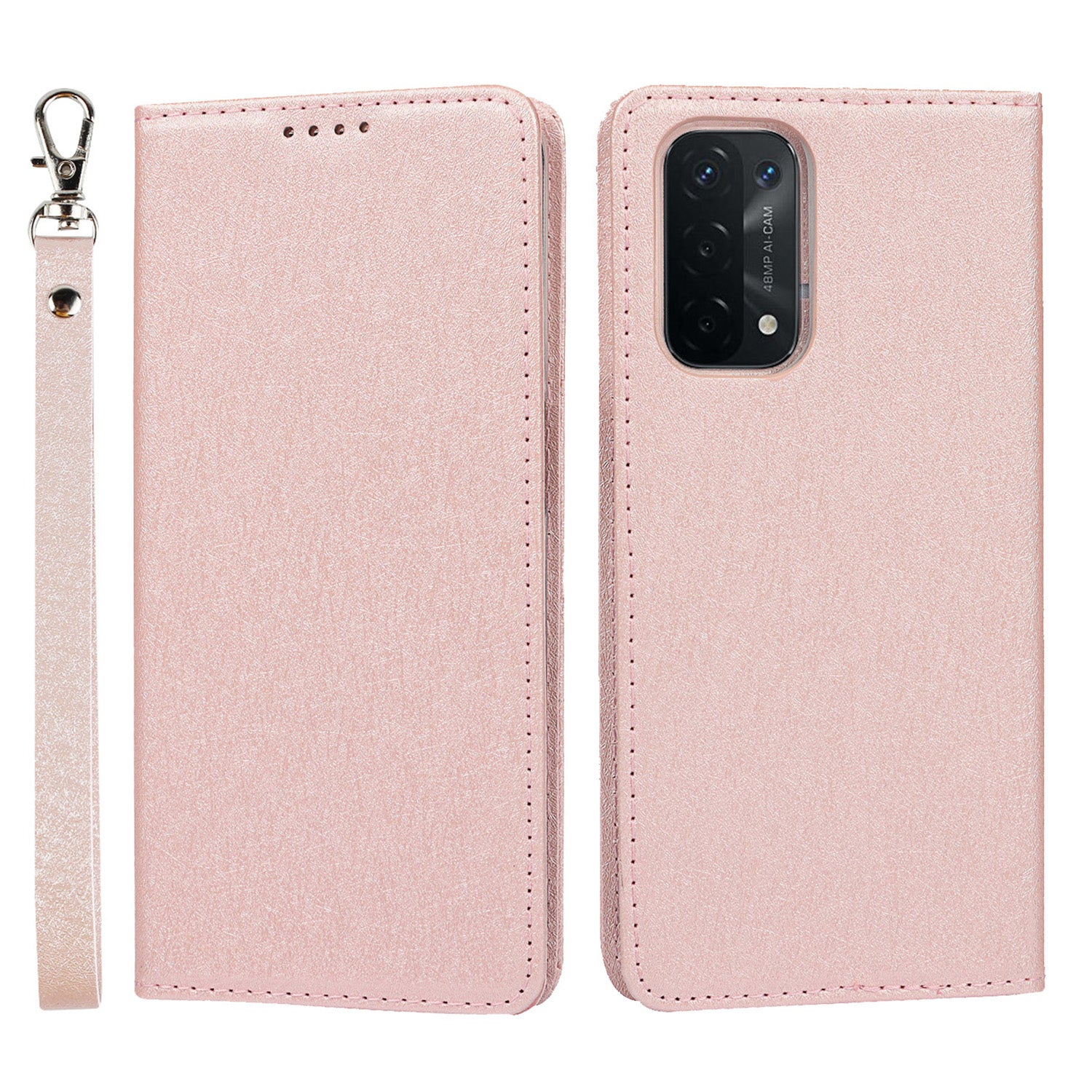 Silk Texture Leather Wallet Case with Strap for Oppo A54 5G