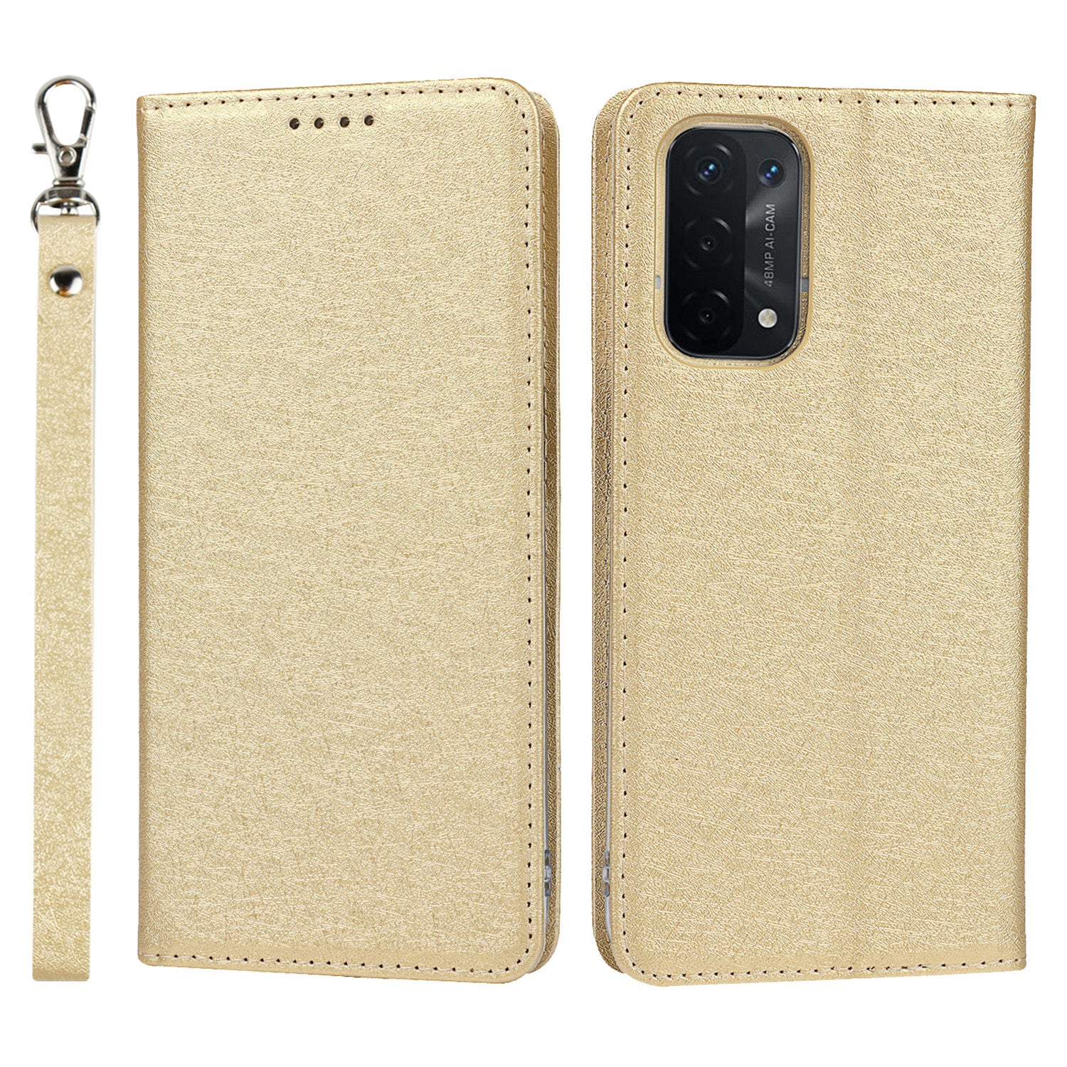 Silk Texture Leather Wallet Case with Strap for Oppo A54 5G