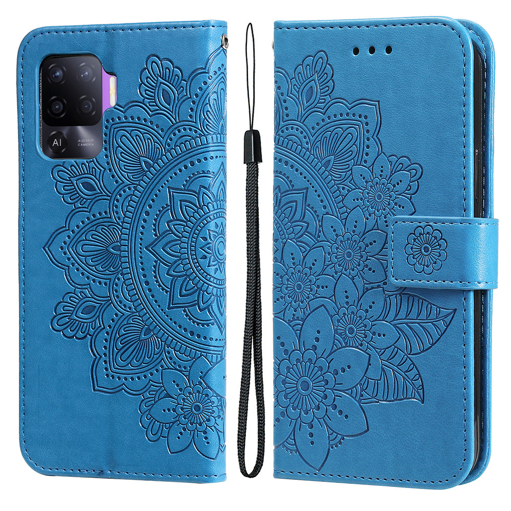 Imprint Flowers Pattern PU Leather Wallet Phone Stand Case with Lanyard for Oppo A94/F19 Pro/Reno5 F/Reno5 Lite