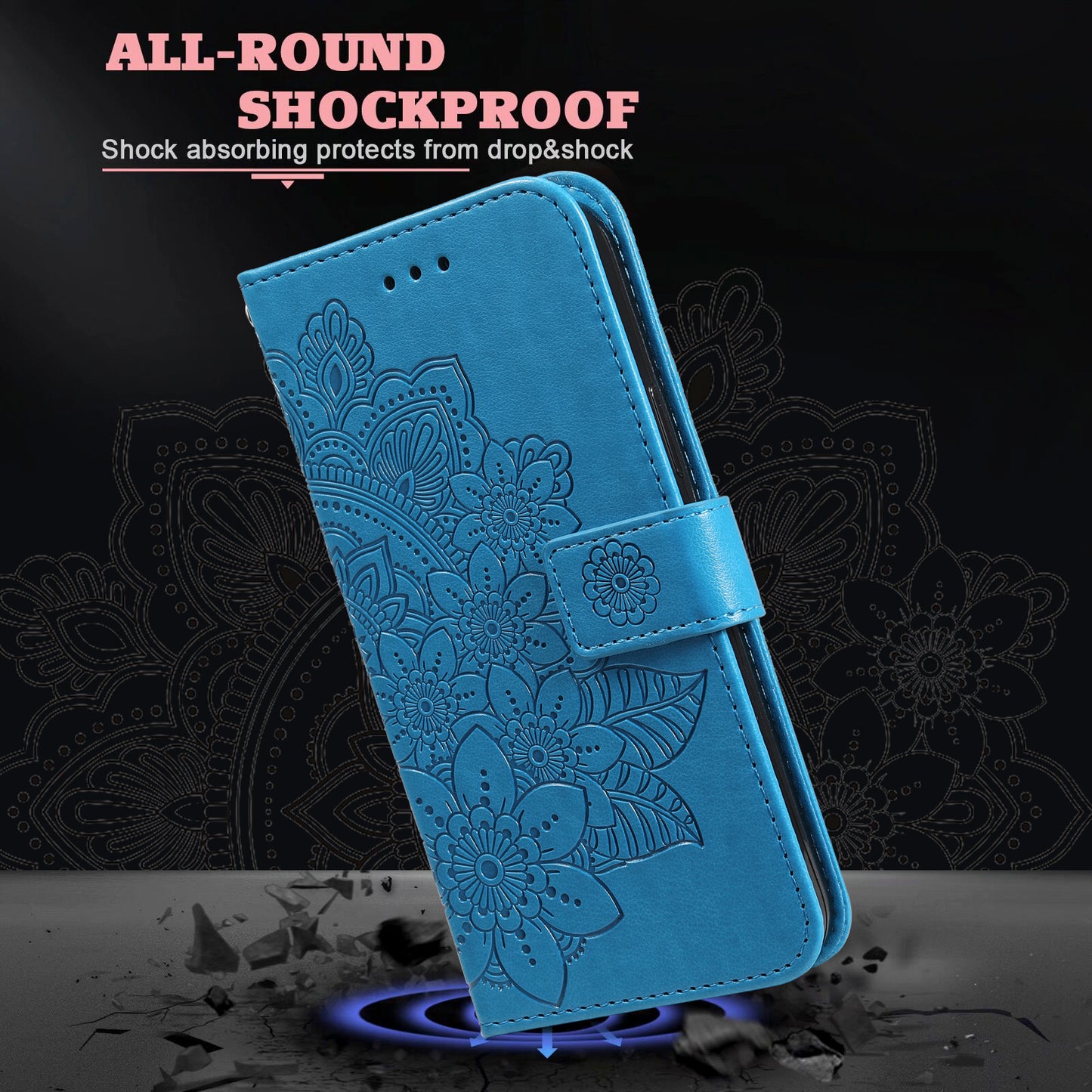 Imprint Flowers Pattern PU Leather Wallet Phone Stand Case with Lanyard for Oppo A94/F19 Pro/Reno5 F/Reno5 Lite