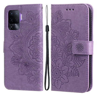 Imprint Flowers Pattern PU Leather Wallet Phone Stand Case with Lanyard for Oppo A94/F19 Pro/Reno5 F/Reno5 Lite