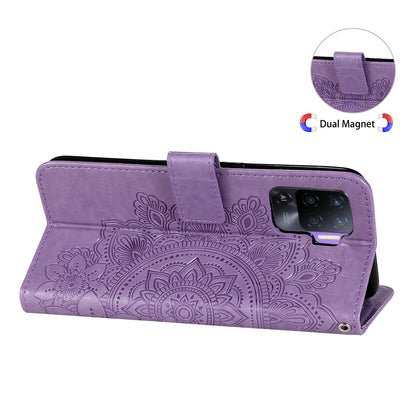 Imprint Flowers Pattern PU Leather Wallet Phone Stand Case with Lanyard for Oppo A94/F19 Pro/Reno5 F/Reno5 Lite