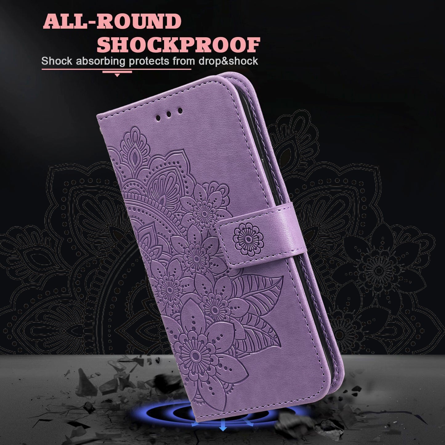 Imprint Flowers Pattern PU Leather Wallet Phone Stand Case with Lanyard for Oppo A94/F19 Pro/Reno5 F/Reno5 Lite