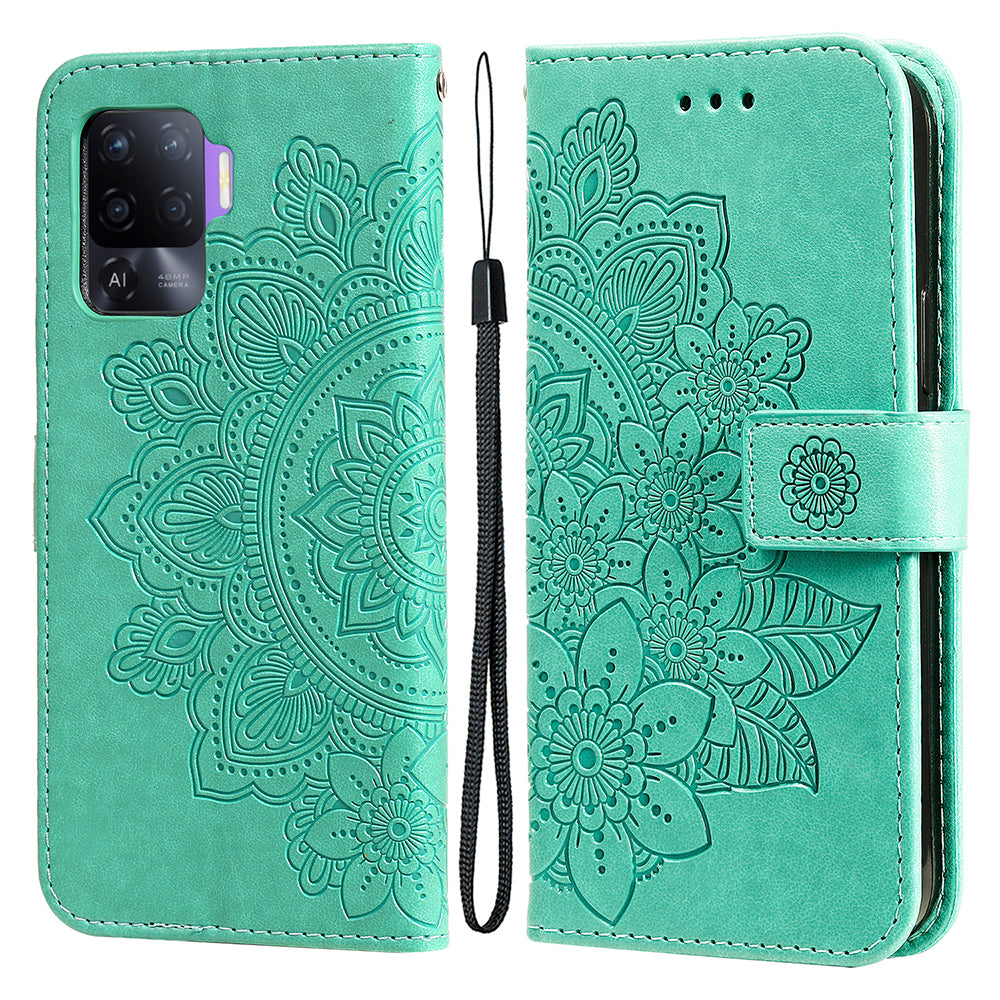 Imprint Flowers Pattern PU Leather Wallet Phone Stand Case with Lanyard for Oppo A94/F19 Pro/Reno5 F/Reno5 Lite