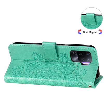 Imprint Flowers Pattern PU Leather Wallet Phone Stand Case with Lanyard for Oppo A94/F19 Pro/Reno5 F/Reno5 Lite