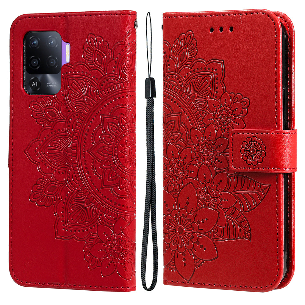 Imprint Flowers Pattern PU Leather Wallet Phone Stand Case with Lanyard for Oppo A94/F19 Pro/Reno5 F/Reno5 Lite