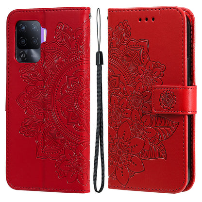 Imprint Flowers Pattern PU Leather Wallet Phone Stand Case with Lanyard for Oppo A94/F19 Pro/Reno5 F/Reno5 Lite