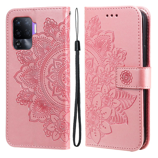 Imprint Flowers Pattern PU Leather Wallet Phone Stand Case with Lanyard for Oppo A94/F19 Pro/Reno5 F/Reno5 Lite