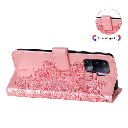 Imprint Flowers Pattern PU Leather Wallet Phone Stand Case with Lanyard for Oppo A94/F19 Pro/Reno5 F/Reno5 Lite