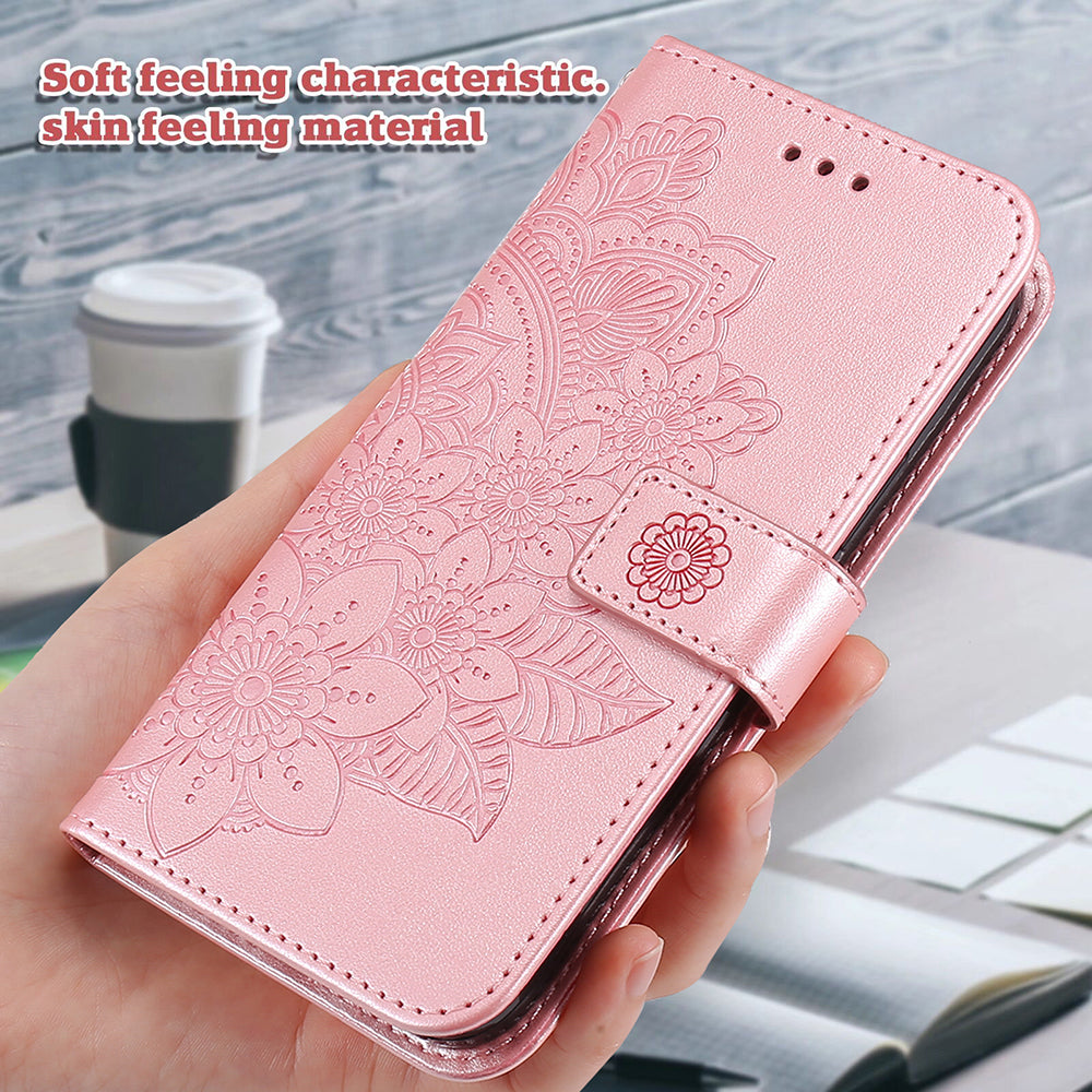 Imprint Flowers Pattern PU Leather Wallet Phone Stand Case with Lanyard for Oppo A94/F19 Pro/Reno5 F/Reno5 Lite