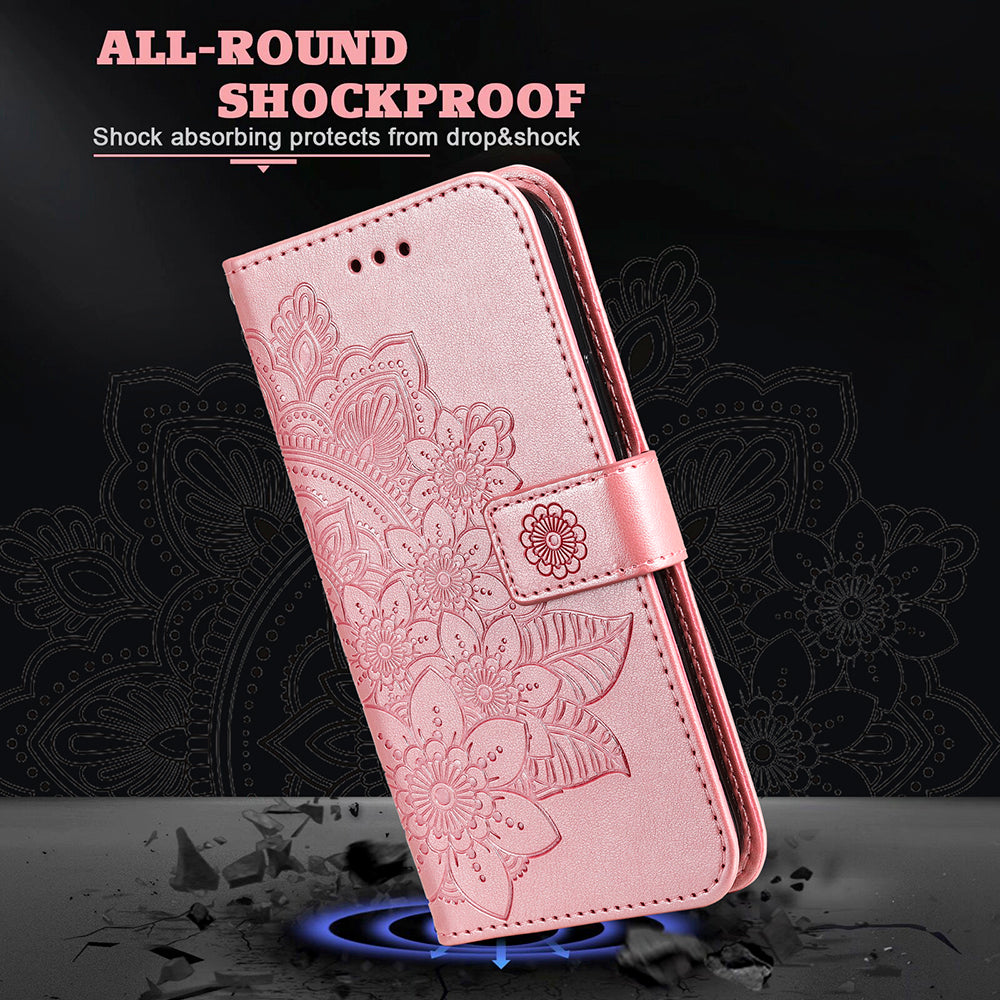 Imprint Flowers Pattern PU Leather Wallet Phone Stand Case with Lanyard for Oppo A94/F19 Pro/Reno5 F/Reno5 Lite