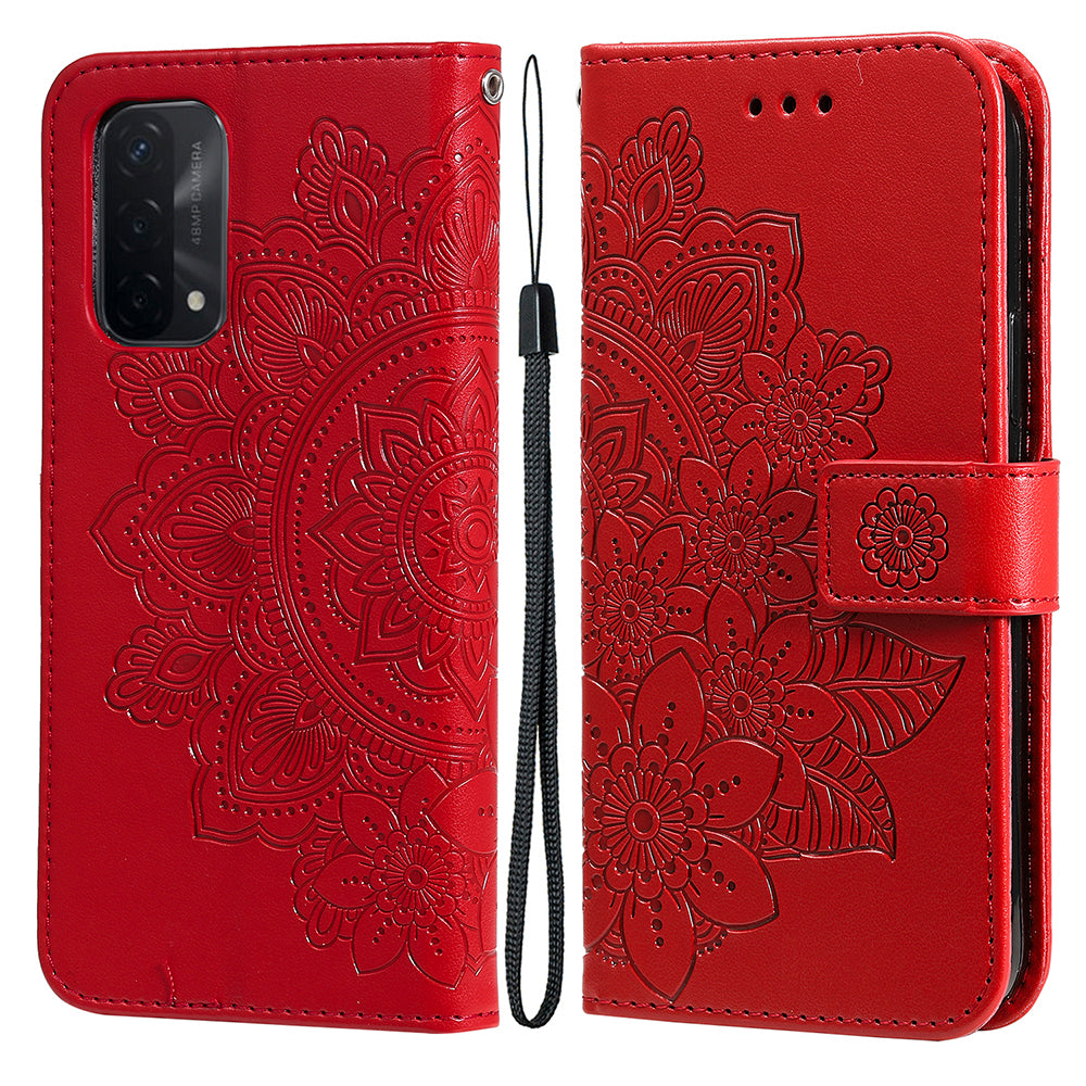 PU Leather Imprint Flowers Pattern Wallet Phone Stand Case with Lanyard for Oppo A93 5G (Chinese Version)/A74 5G/A54 5G