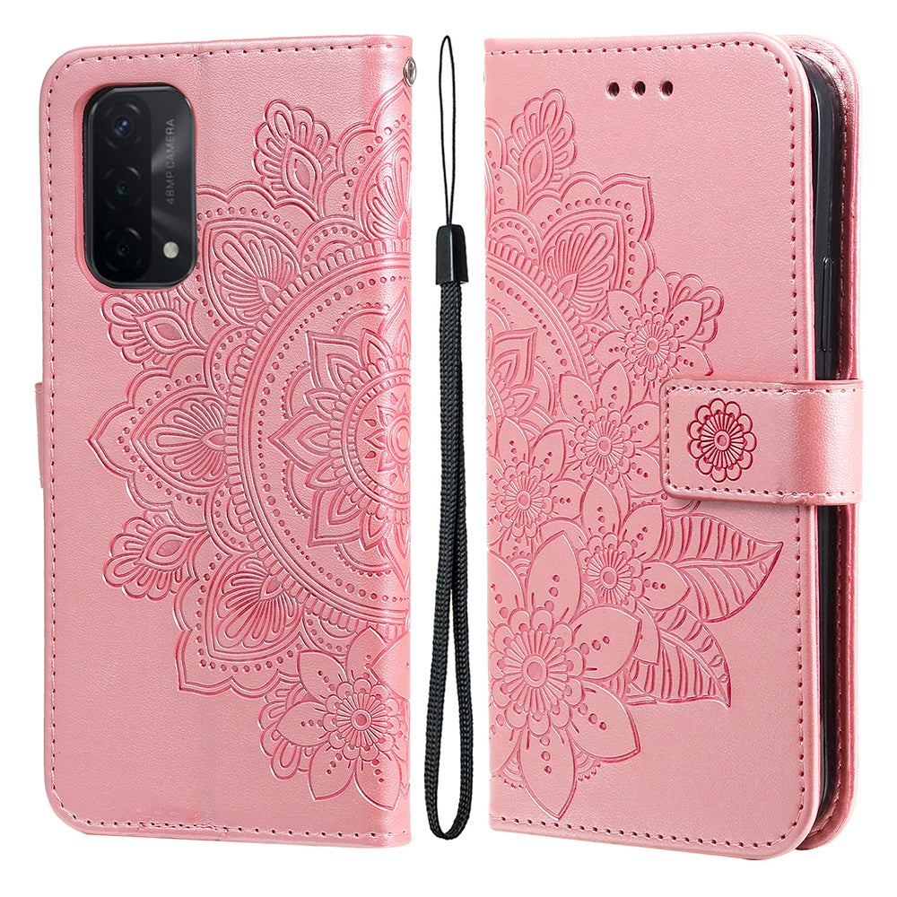 PU Leather Imprint Flowers Pattern Wallet Phone Stand Case with Lanyard for Oppo A93 5G (Chinese Version)/A74 5G/A54 5G