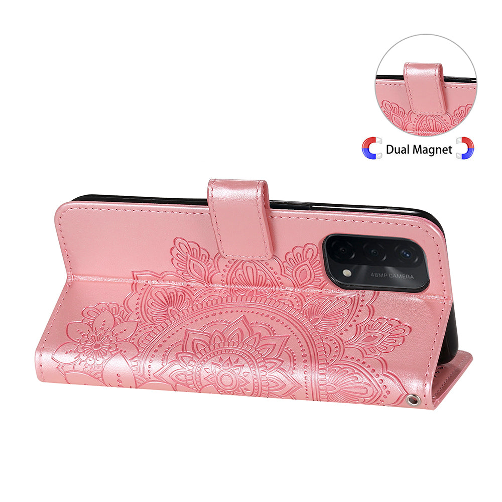 PU Leather Imprint Flowers Pattern Wallet Phone Stand Case with Lanyard for Oppo A93 5G (Chinese Version)/A74 5G/A54 5G