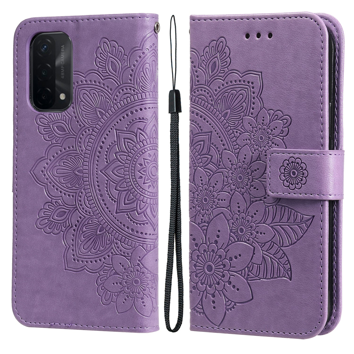 PU Leather Imprint Flowers Pattern Wallet Phone Stand Case with Lanyard for Oppo A93 5G (Chinese Version)/A74 5G/A54 5G