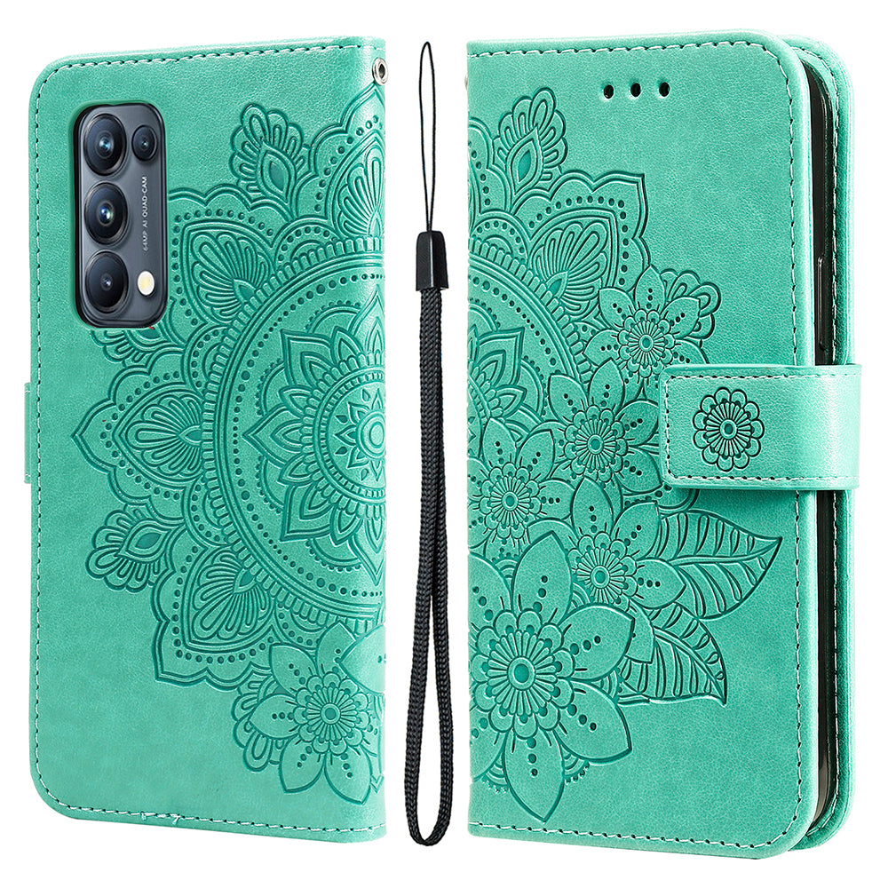 Imprint Flowers Pattern PU Leather Phone Wallet Stand Case with Lanyard for Oppo Find X3 Neo/Reno5 Pro+ 5G