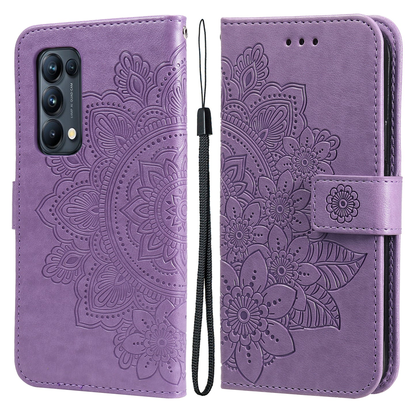 Imprint Flowers Pattern PU Leather Phone Wallet Stand Case with Lanyard for Oppo Find X3 Neo/Reno5 Pro+ 5G