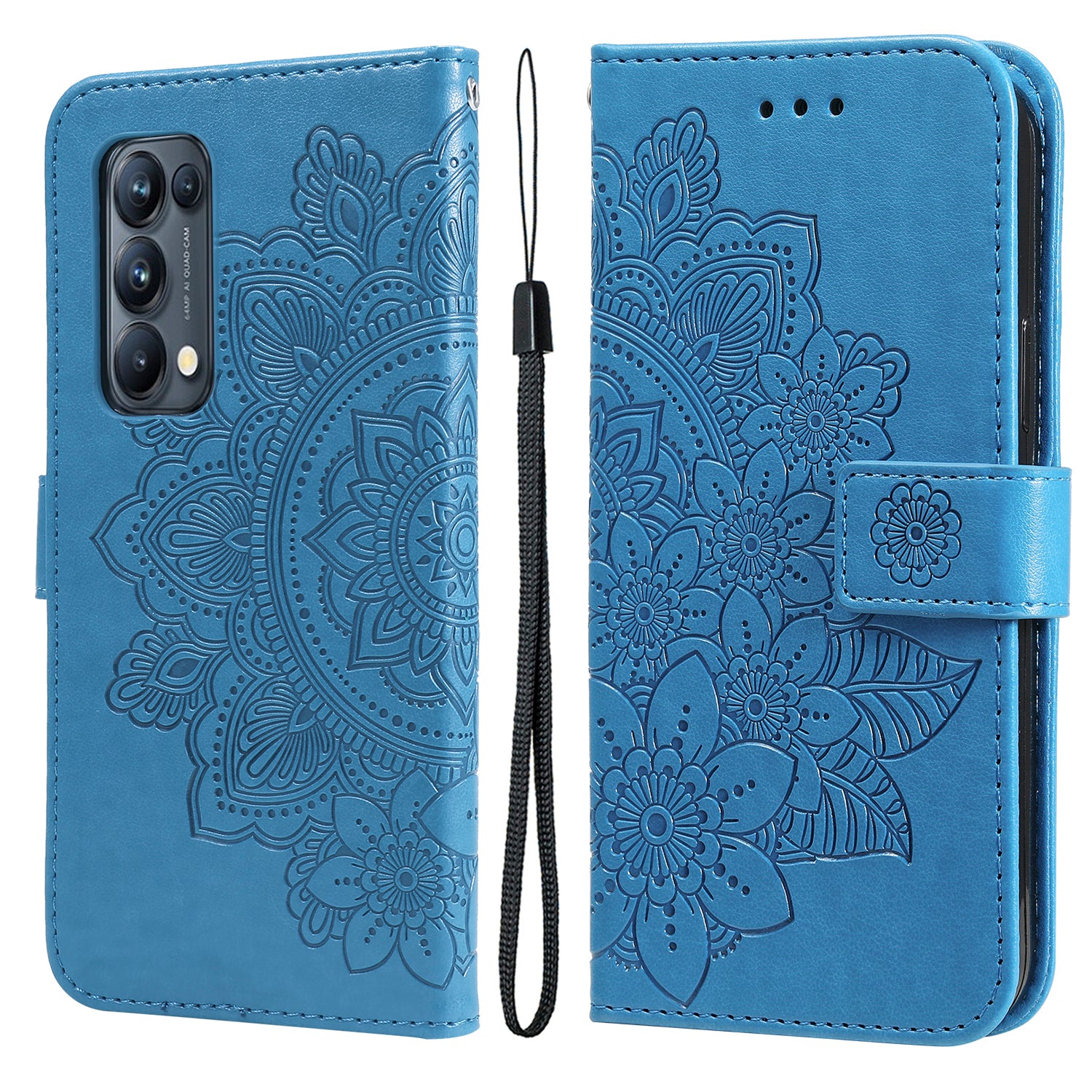 Imprint Flowers Pattern PU Leather Phone Wallet Stand Case with Lanyard for Oppo Find X3 Neo/Reno5 Pro+ 5G