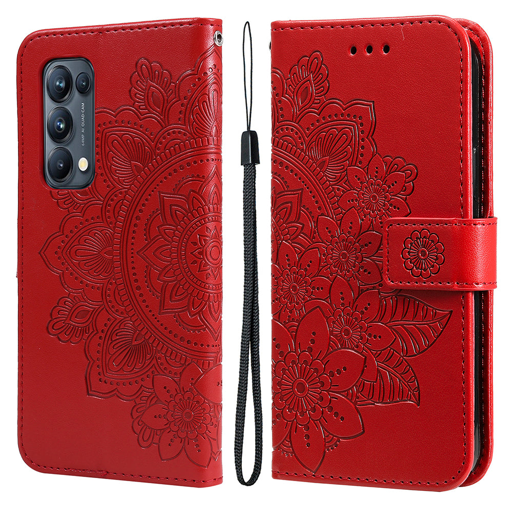 Imprint Flowers Pattern PU Leather Phone Wallet Stand Case with Lanyard for Oppo Find X3 Neo/Reno5 Pro+ 5G