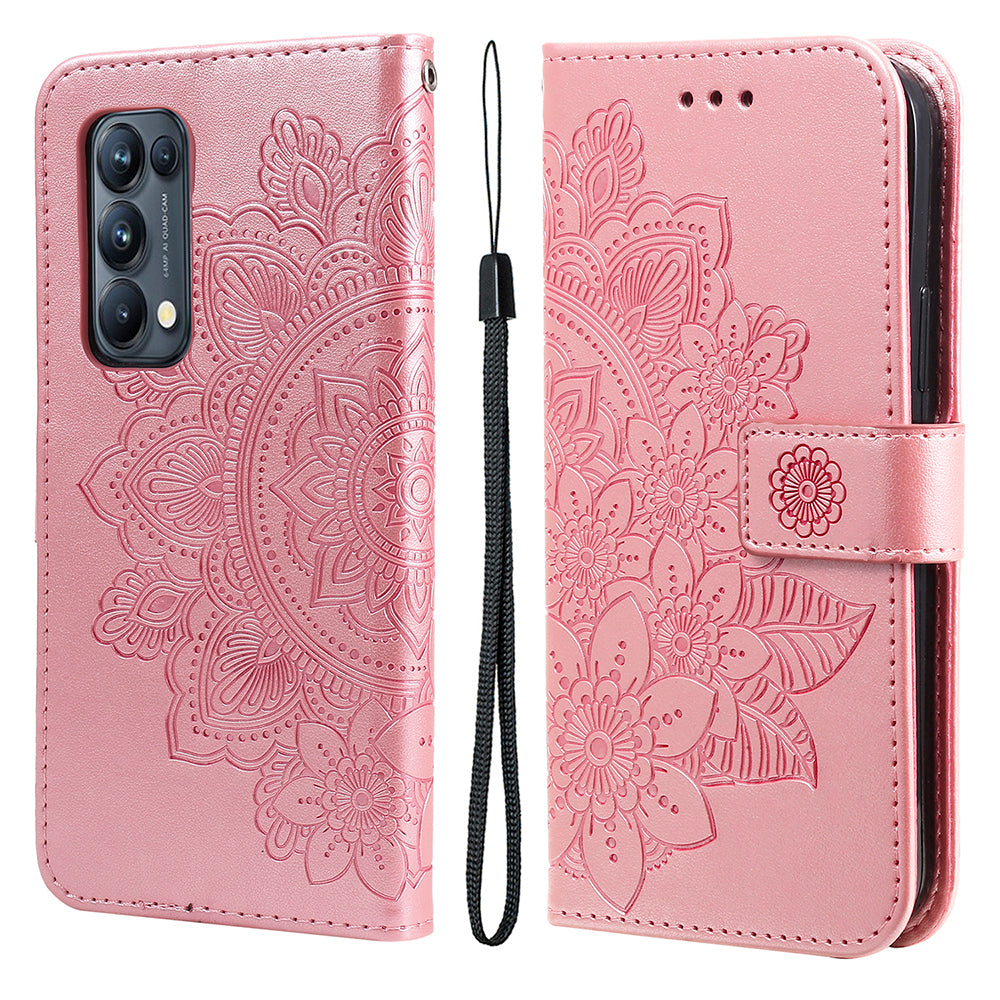 Imprint Flowers Pattern PU Leather Phone Wallet Stand Case with Lanyard for Oppo Find X3 Neo/Reno5 Pro+ 5G