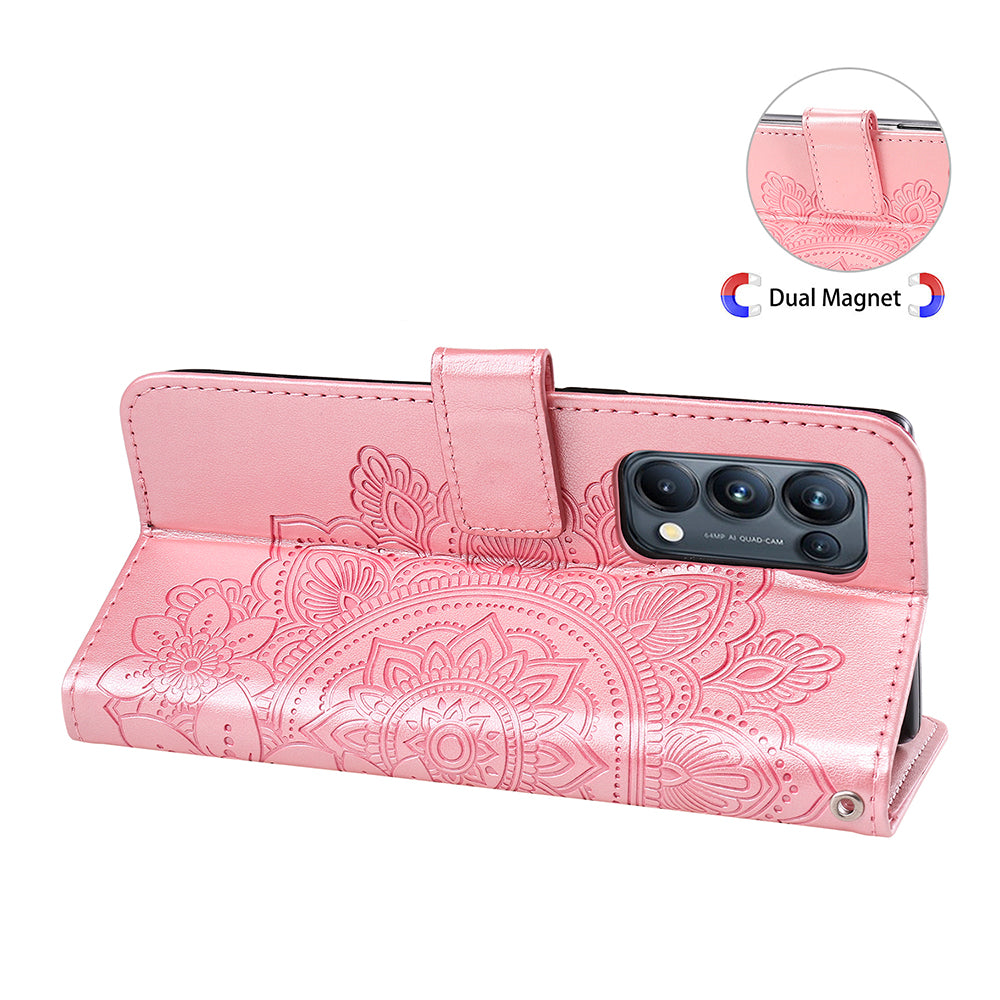 Imprint Flowers Pattern PU Leather Phone Wallet Stand Case with Lanyard for Oppo Find X3 Neo/Reno5 Pro+ 5G