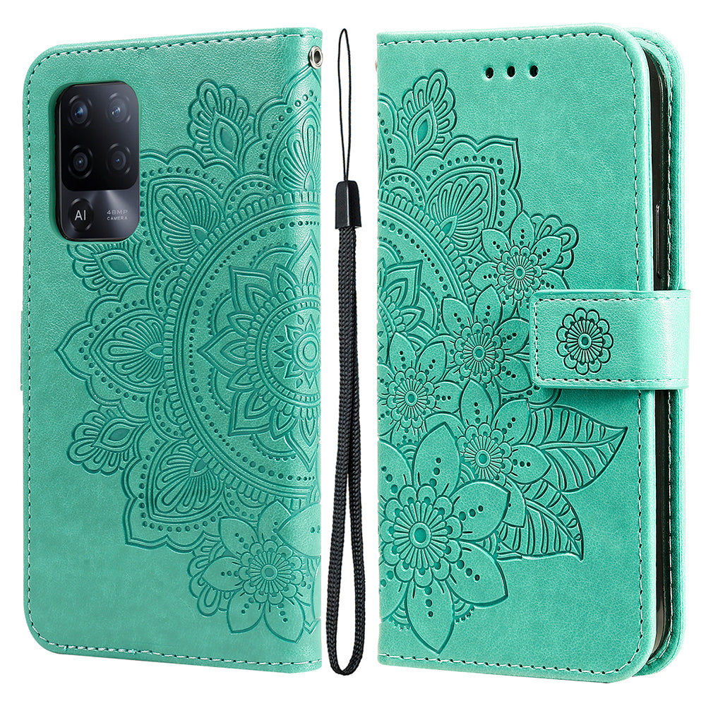 Flowers Pattern Imprinting PU Leather Wallet Phone Stand Case with Lanyard for Oppo A94 5G/Reno5 Z/F19 Pro+ 5G/A95 5G