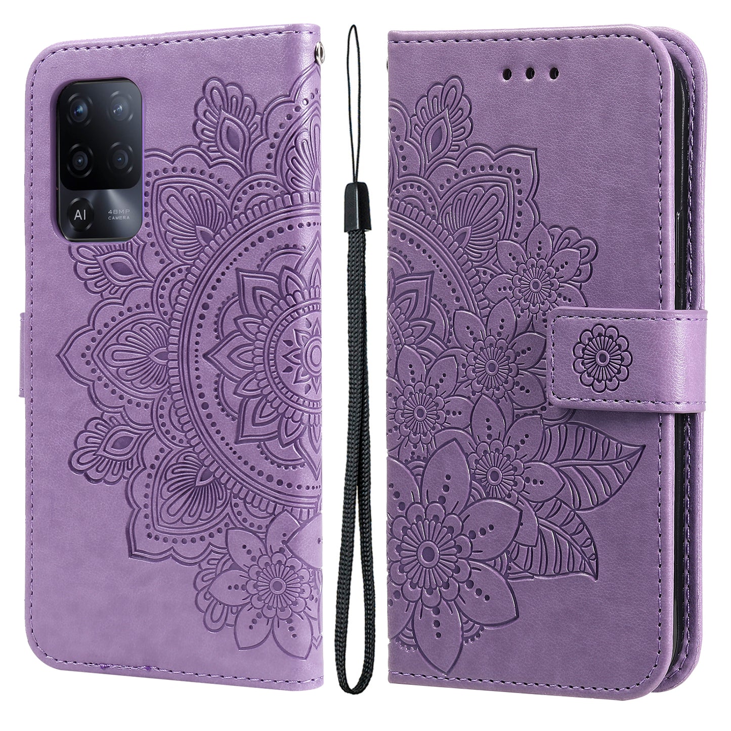 Flowers Pattern Imprinting PU Leather Wallet Phone Stand Case with Lanyard for Oppo A94 5G/Reno5 Z/F19 Pro+ 5G/A95 5G