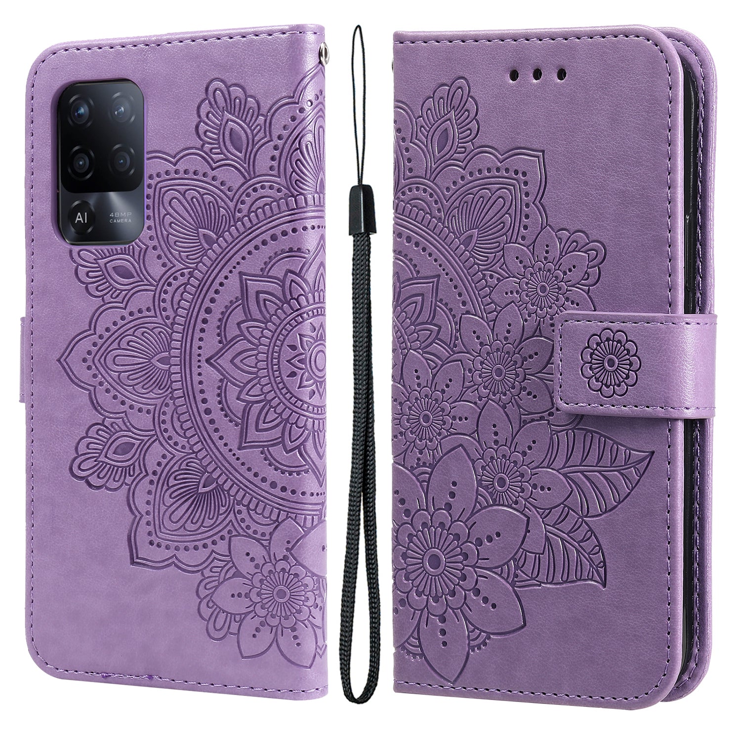 Flowers Pattern Imprinting PU Leather Wallet Phone Stand Case with Lanyard for Oppo A94 5G/Reno5 Z/F19 Pro+ 5G/A95 5G