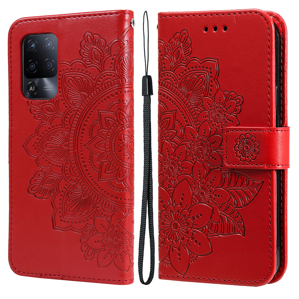 Flowers Pattern Imprinting PU Leather Wallet Phone Stand Case with Lanyard for Oppo A94 5G/Reno5 Z/F19 Pro+ 5G/A95 5G