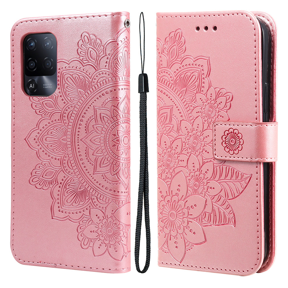 Flowers Pattern Imprinting PU Leather Wallet Phone Stand Case with Lanyard for Oppo A94 5G/Reno5 Z/F19 Pro+ 5G/A95 5G